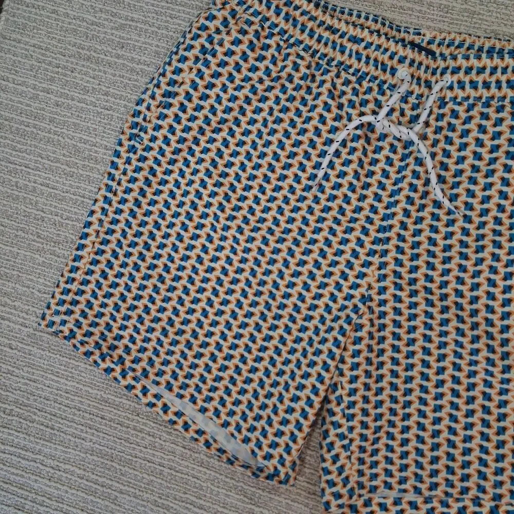 George Mens Swim Trunks L 36 38 Blue Orange Geometric Shorts Mesh Liner Quick...
